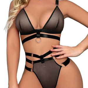 Anvesha Beauty Sexy Sheer Mesh Strappy Lingerie Set with Adjustable Bra, High Cut Bottom, and Metal Ring Accents for Bold, Sultry, Confidence Boosting Style