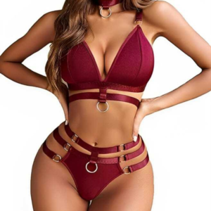 Anvesha Beauty Burgundy Strappy Lingerie Set with Harness Details, O-Ring Accents, High Waist Bottom and Choker Collar, Sexy Two Piece Intimate Outfit