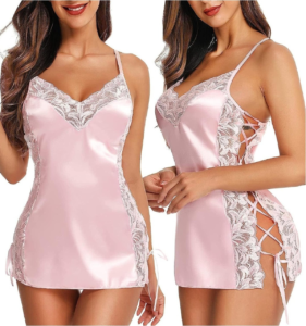 Anvesha Beauty Women’s Satin Lace Chemise Nightdress Spaghetti Strap V Neck Side Lace-Up Bodycon Lingerie Slip Dress with Floral Trim