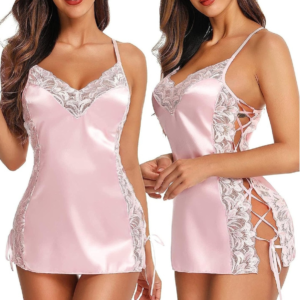 Anvesha Beauty Women’s Satin Lace Chemise Nightdress Spaghetti Strap V Neck Side Lace-Up Bodycon Lingerie Slip Dress with Floral Trim