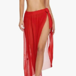 Anvesha Beauty Red Lace Cutout Bralette with Sheer High-Slit Tie-Side Wrap Skirt Set, Sexy Two-Piece Lingerie Beachwear Outfit for Women