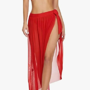 Anvesha Beauty Red Lace Cutout Bralette with Sheer High-Slit Tie-Side Wrap Skirt Set, Sexy Two-Piece Lingerie Beachwear Outfit for Women