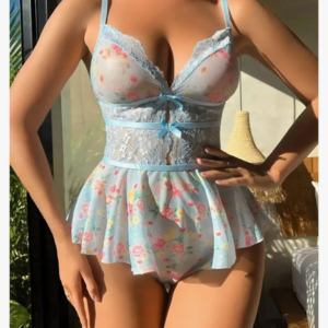Anvesha Beauty Floral Lace Babydoll Lingerie Set with Bow Detail, Adjustable Straps & Flowy Ruffle Hem – Sexy Sheer Nightwear for Women