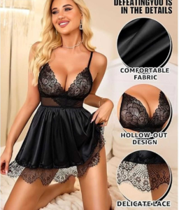 Anvesha Beauty Sexy Lace Babydoll Lingerie Set with Sheer Mesh Waist, Hollow-Out Floral Design and Delicate Lace Hem for Elegant, Flirty Nightwear