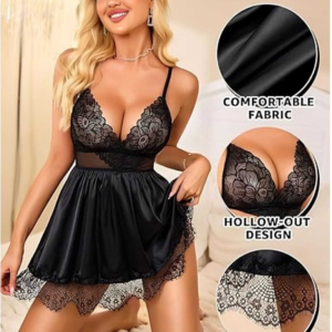 Anvesha Beauty Sexy Lace Babydoll Lingerie Set with Sheer Mesh Waist, Hollow-Out Floral Design and Delicate Lace Hem for Elegant, Flirty Nightwear